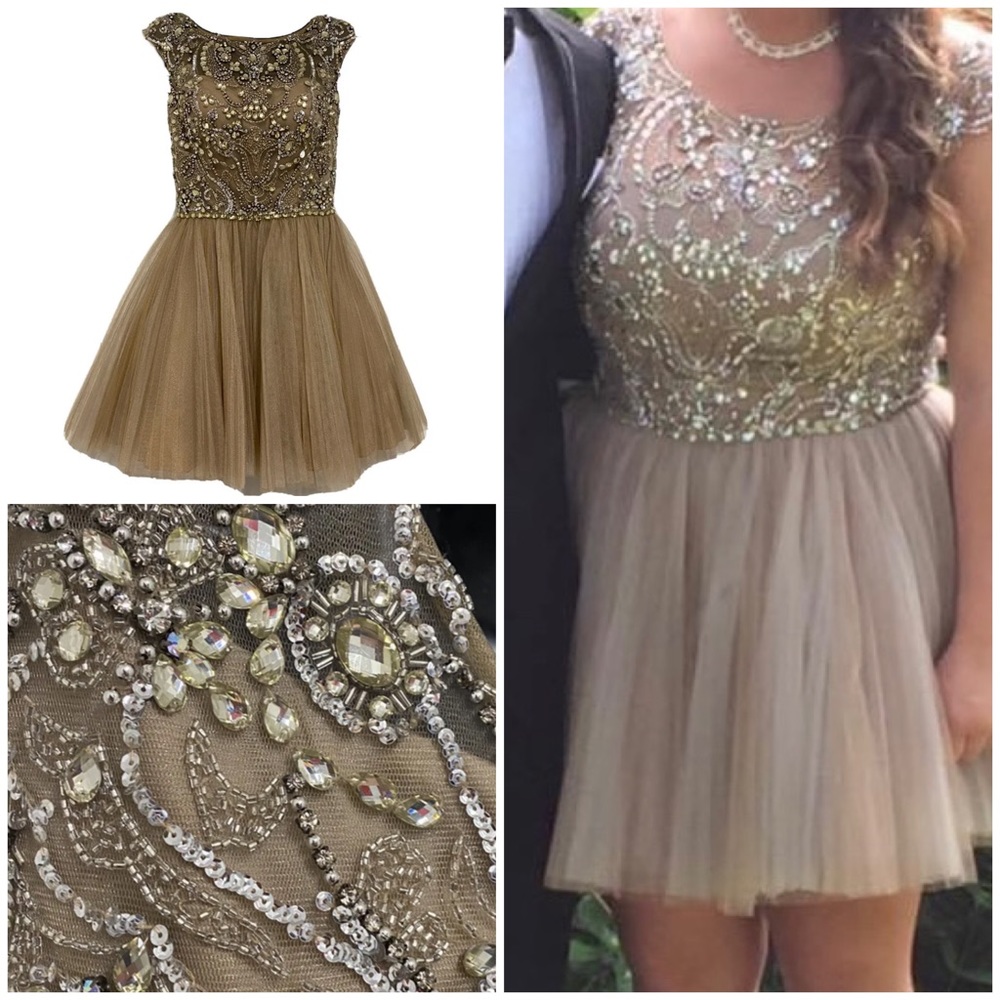 Homecoming/Prom Short Dress SHERRI HILL 2814 Gold/NUDE Rhinestone Tulle SZ 16